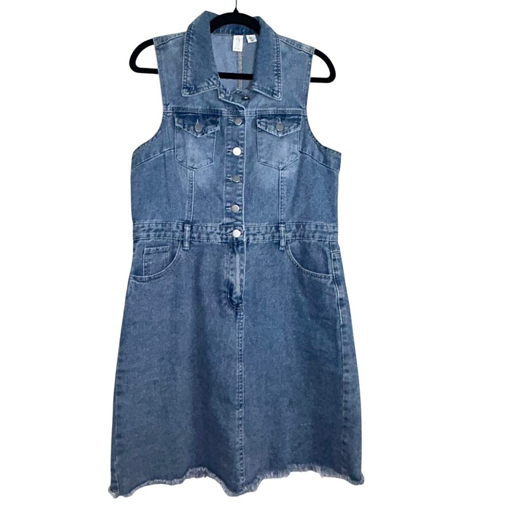 JOIE Denim Mini Shirt Dress Womens Large Blue Sleeveless Button Front Raw Hem L